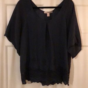 Navy Boho Flowy Top with Lace  Detail